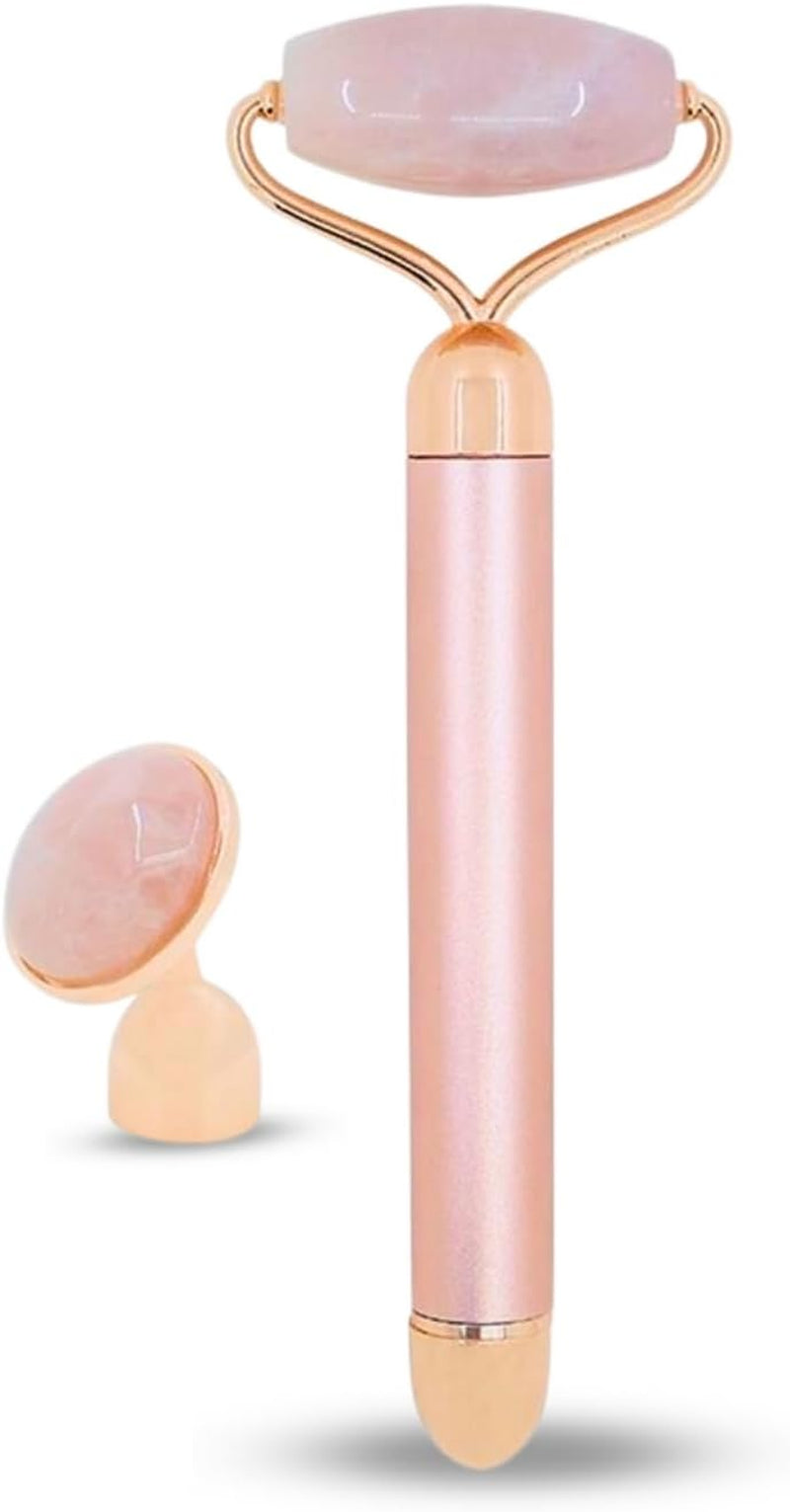 Massaggiatore Viso Roller Pietra Quarzo Rosa Elettrico – Rullo in Quarzo Rosa 100% Naturale – Sistema Di Vibrazione Integrato per Una Maggiore Efficienza – Antietà – Stimola La Circolazione Sanguigna