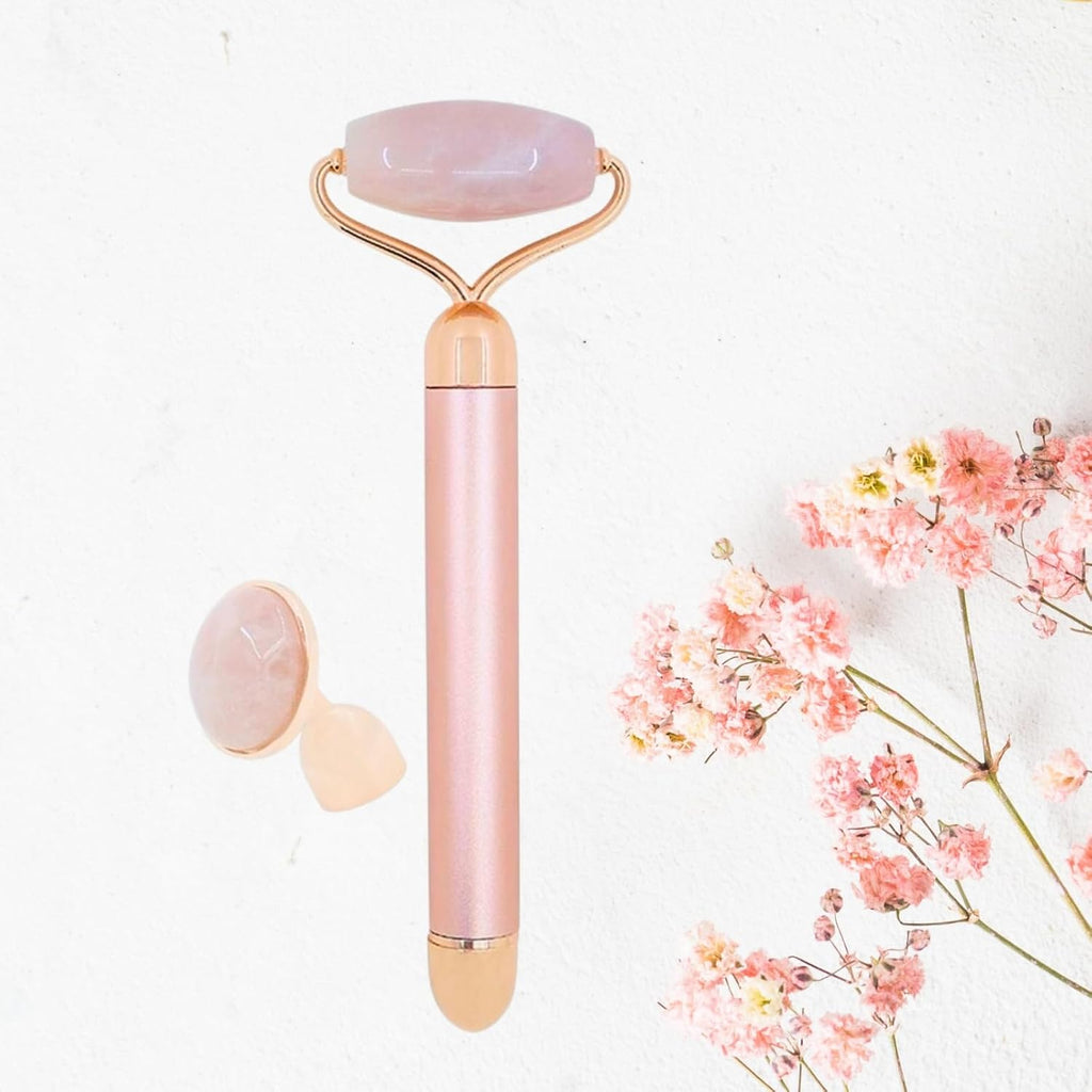 Massaggiatore Viso Roller Pietra Quarzo Rosa Elettrico – Rullo in Quarzo Rosa 100% Naturale – Sistema Di Vibrazione Integrato per Una Maggiore Efficienza – Antietà – Stimola La Circolazione Sanguigna