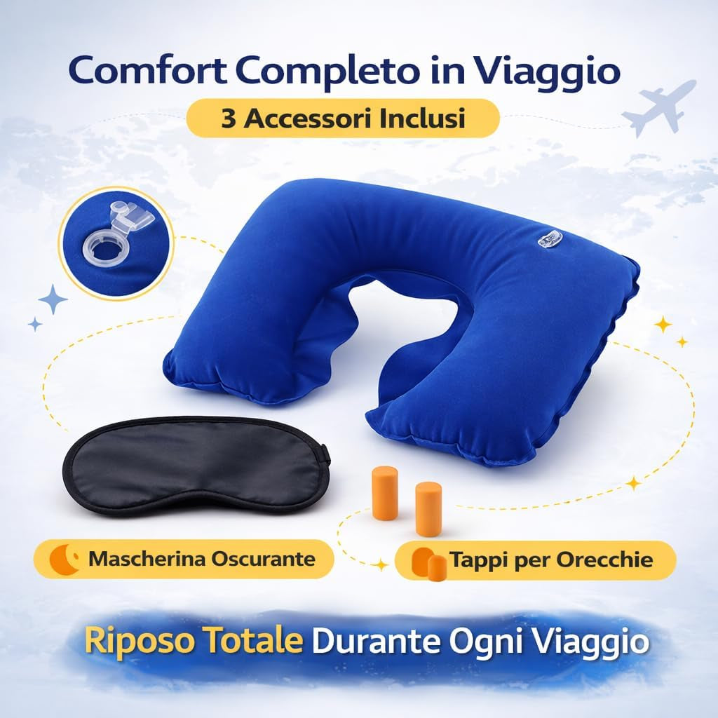 Kit Da Viaggio Completo 3 in 1 – Cuscino Da Viaggio Gonfiabile Con Mascherina per Dormire E Tappi per Orecchie – Accessori Viaggio per Aereo, Treno, Auto E Vacanze