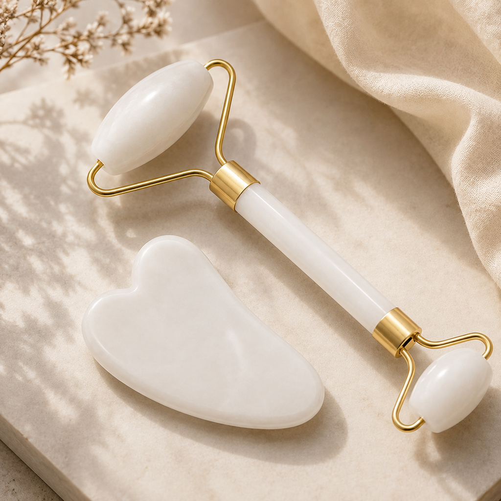 Gua Sha Viso & Rullo di Giada | Quarzo Rosa | Set Beauty Tool