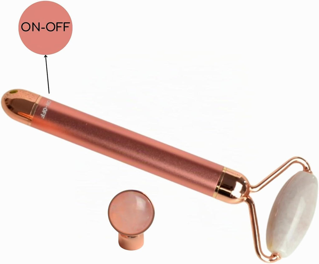 Massaggiatore Viso Roller Pietra Quarzo Rosa Elettrico – Rullo in Quarzo Rosa 100% Naturale – Sistema Di Vibrazione Integrato per Una Maggiore Efficienza – Antietà – Stimola La Circolazione Sanguigna