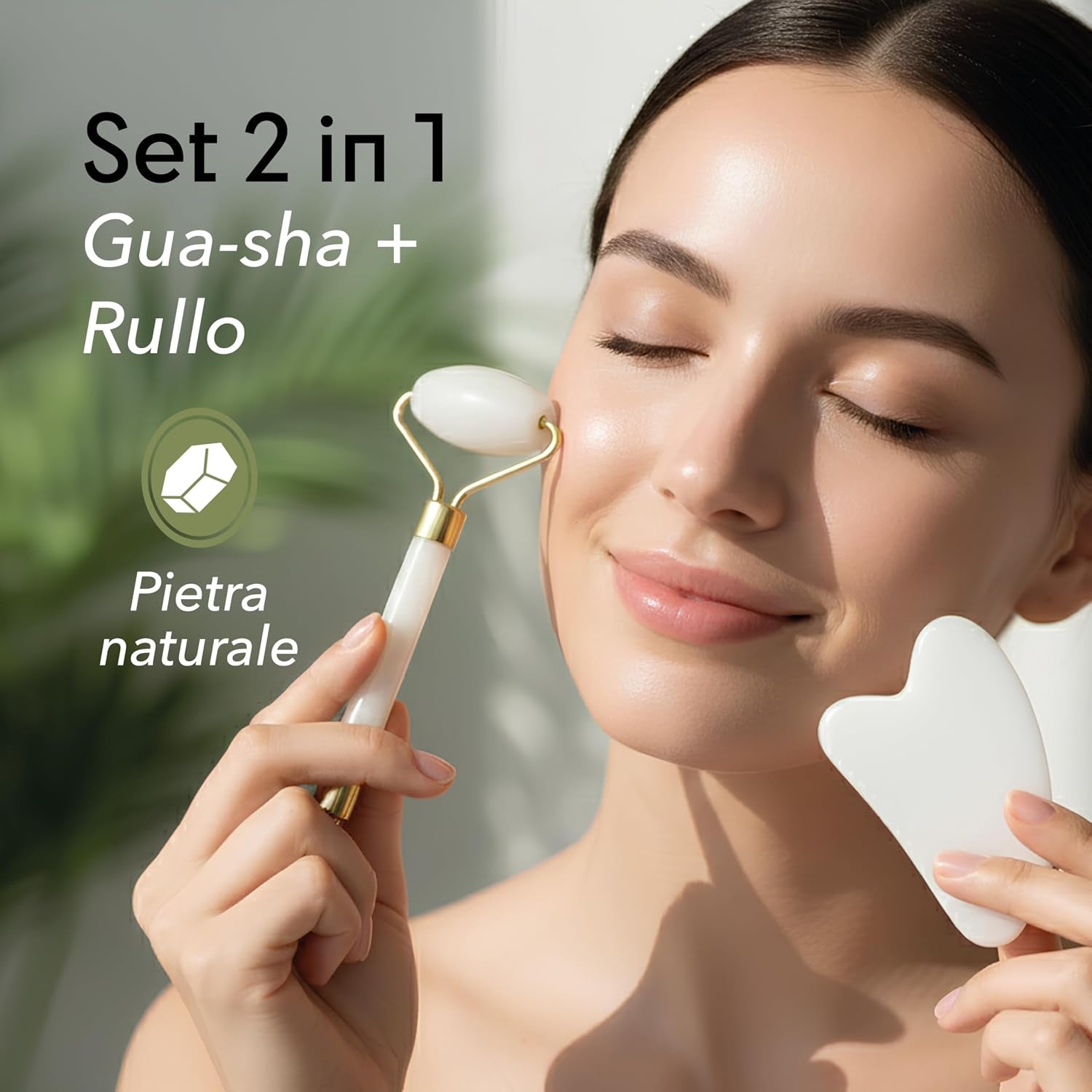 Gua Sha Viso E Rullo Di Giada – Pietra Naturale per Massaggio Viso Lifting, Rullo Viso Quarzo Rosa anti Gonfiore, Strumento Beauty Tool Relax