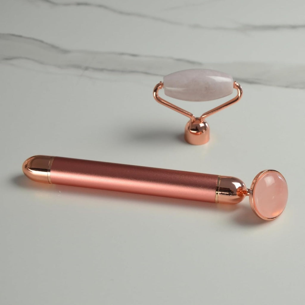 Massaggiatore Viso Roller Pietra Quarzo Rosa Elettrico – Rullo in Quarzo Rosa 100% Naturale – Sistema Di Vibrazione Integrato per Una Maggiore Efficienza – Antietà – Stimola La Circolazione Sanguigna