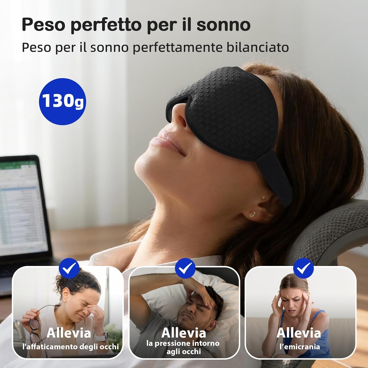 Mascherina per Dormire Pesata Uomo Donna, 3D Oscurante, Nero