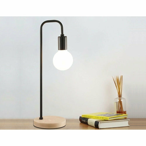 Lampada da Tavolo Nera con Base in Legno — Stile Industrial