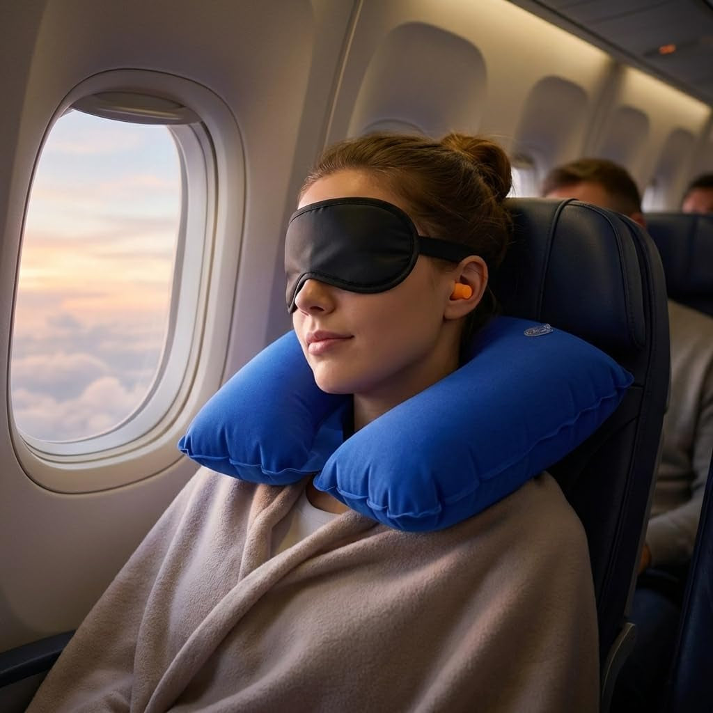 Kit Da Viaggio Completo 3 in 1 – Cuscino Da Viaggio Gonfiabile Con Mascherina per Dormire E Tappi per Orecchie – Accessori Viaggio per Aereo, Treno, Auto E Vacanze