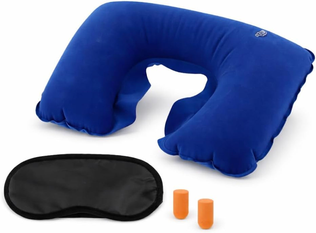 Kit Da Viaggio Completo 3 in 1 – Cuscino Da Viaggio Gonfiabile Con Mascherina per Dormire E Tappi per Orecchie – Accessori Viaggio per Aereo, Treno, Auto E Vacanze