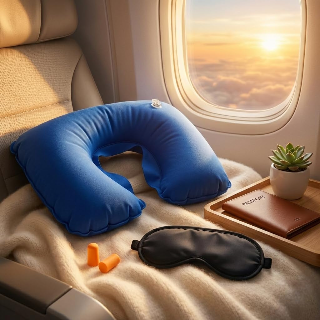 Kit Da Viaggio Completo 3 in 1 – Cuscino Da Viaggio Gonfiabile Con Mascherina per Dormire E Tappi per Orecchie – Accessori Viaggio per Aereo, Treno, Auto E Vacanze