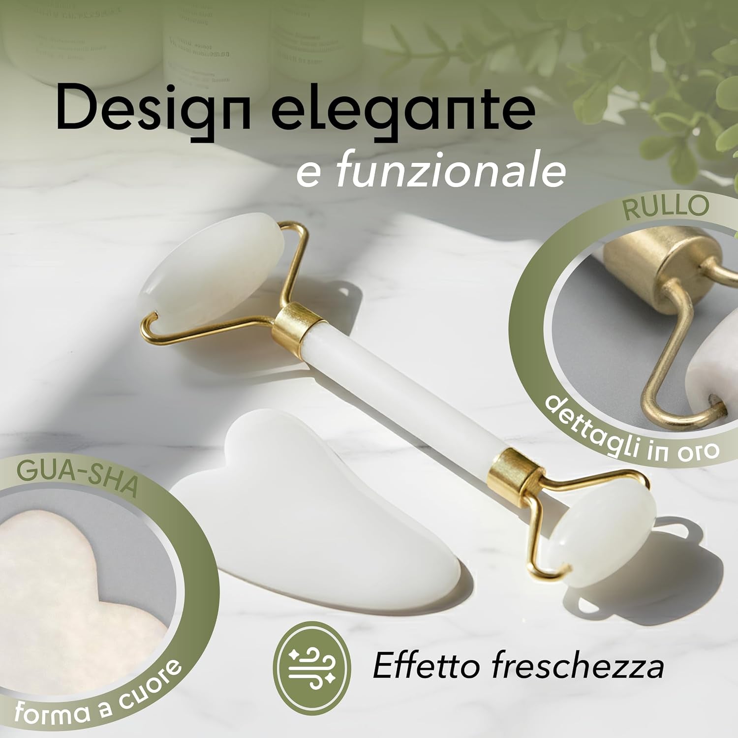 Gua Sha Viso E Rullo Di Giada – Pietra Naturale per Massaggio Viso Lifting, Rullo Viso Quarzo Rosa anti Gonfiore, Strumento Beauty Tool Relax