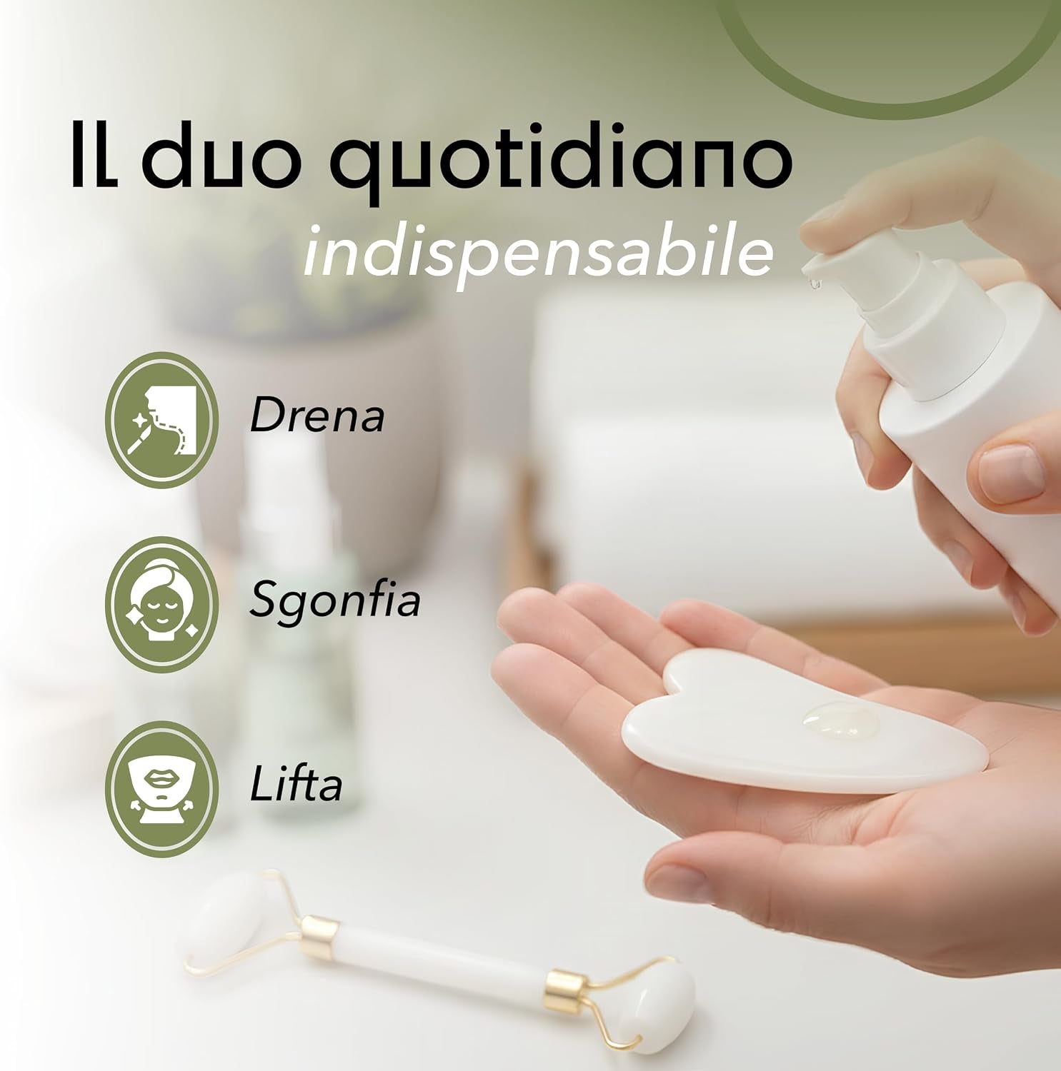 Gua Sha Viso E Rullo Di Giada – Pietra Naturale per Massaggio Viso Lifting, Rullo Viso Quarzo Rosa anti Gonfiore, Strumento Beauty Tool Relax