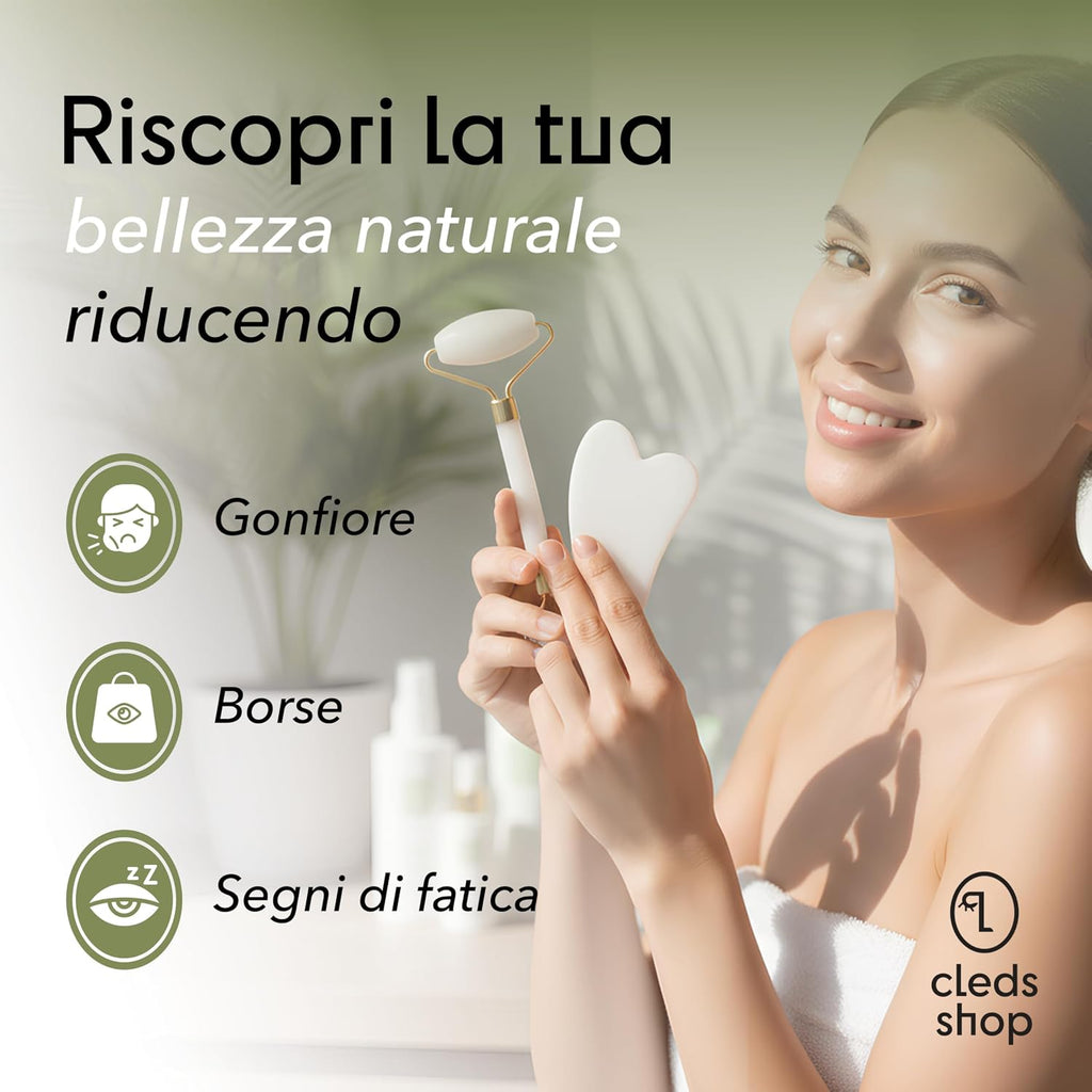 Gua Sha Viso E Rullo Di Giada – Pietra Naturale per Massaggio Viso Lifting, Rullo Viso Quarzo Rosa anti Gonfiore, Strumento Beauty Tool Relax