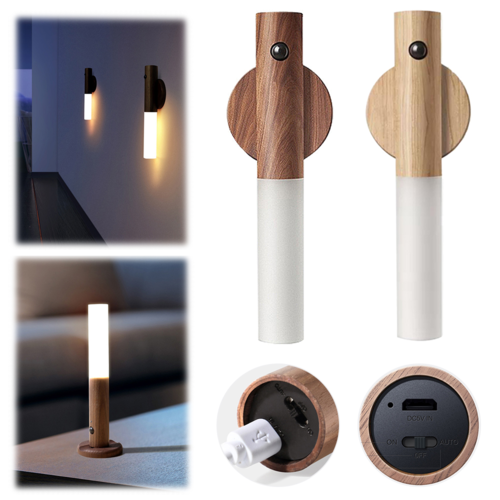 Lampada Wireless con Sensore di Movimento — Ricaricabile USB, Design Legno