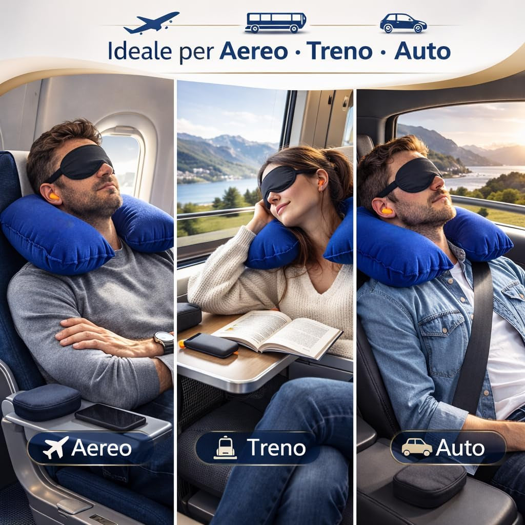 Kit Da Viaggio Completo 3 in 1 – Cuscino Da Viaggio Gonfiabile Con Mascherina per Dormire E Tappi per Orecchie – Accessori Viaggio per Aereo, Treno, Auto E Vacanze