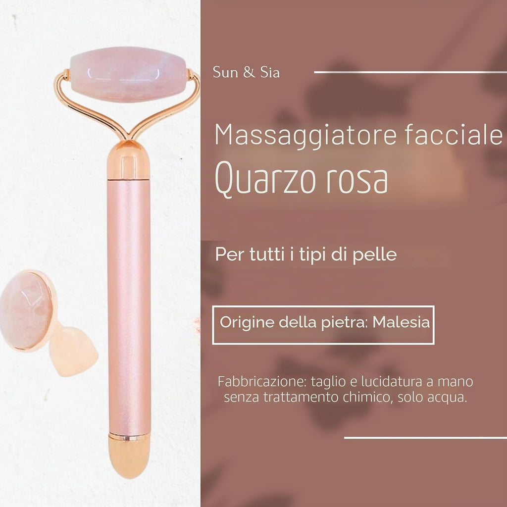 Massaggiatore Viso Roller Pietra Quarzo Rosa Elettrico – Rullo in Quarzo Rosa 100% Naturale – Sistema Di Vibrazione Integrato per Una Maggiore Efficienza – Antietà – Stimola La Circolazione Sanguigna