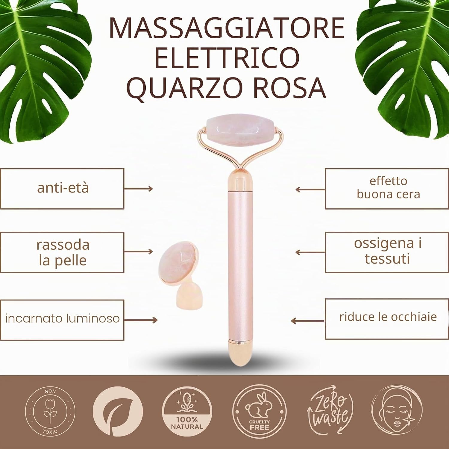 Massaggiatore Viso Roller Pietra Quarzo Rosa Elettrico – Rullo in Quarzo Rosa 100% Naturale – Sistema Di Vibrazione Integrato per Una Maggiore Efficienza – Antietà – Stimola La Circolazione Sanguigna