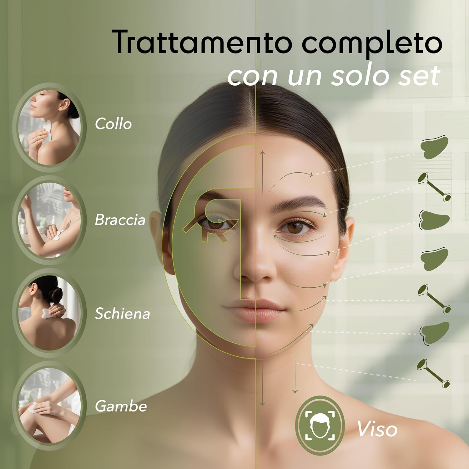 Gua Sha Viso E Rullo Di Giada – Pietra Naturale per Massaggio Viso Lifting, Rullo Viso Quarzo Rosa anti Gonfiore, Strumento Beauty Tool Relax